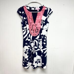 Lilly Pulitzer Women Briella Navy and Coral Short Sleeve Mini Dress X-Small